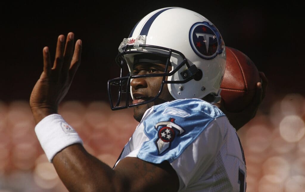 November 8, 2009; San Francisco, CA, USA; Tennessee Titans quarterback Vince Young (10) warms up before the game against the San Francisco 49ers at Candlestick Park.