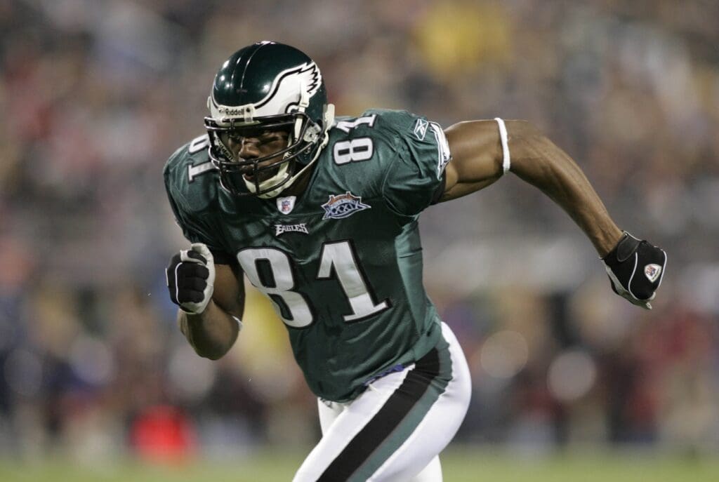 Feb 06, 2005; Jacksonville, FL, USA; Philadelphia Eagles receiver Terrell Owens in action against the New England Patriots during Super Bowl XXXIX at Alltel Stadium. The Patriots defeated the Eagles 24-21.