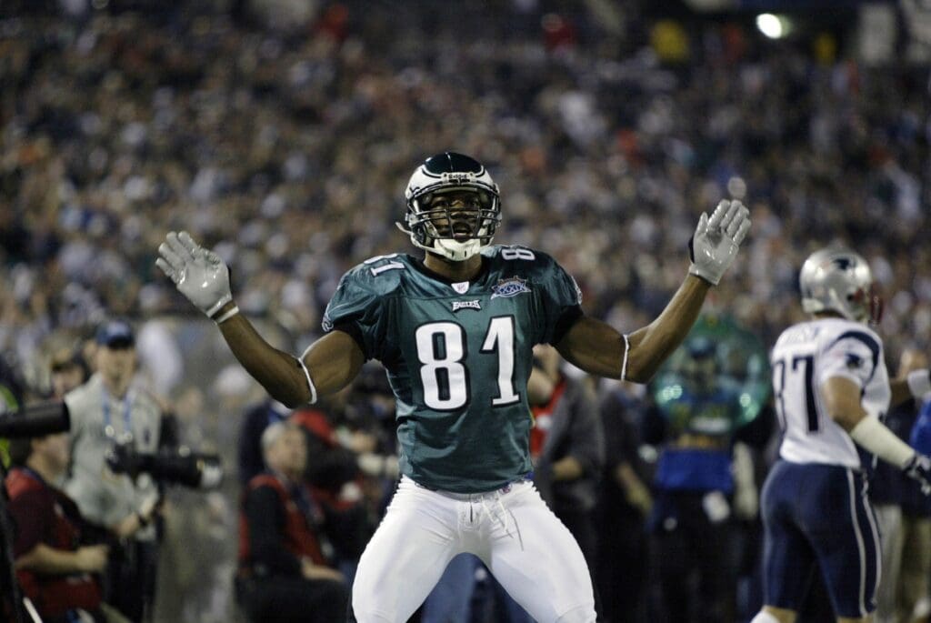 Feb 06, 2005; Jacksonville, FL, USA; Philadelphia Eagles receiver Terrell Owens (81) reacts against the New England Patriots during Super Bowl XXXIX at Alltel Stadium. The Patriots won 24-21.