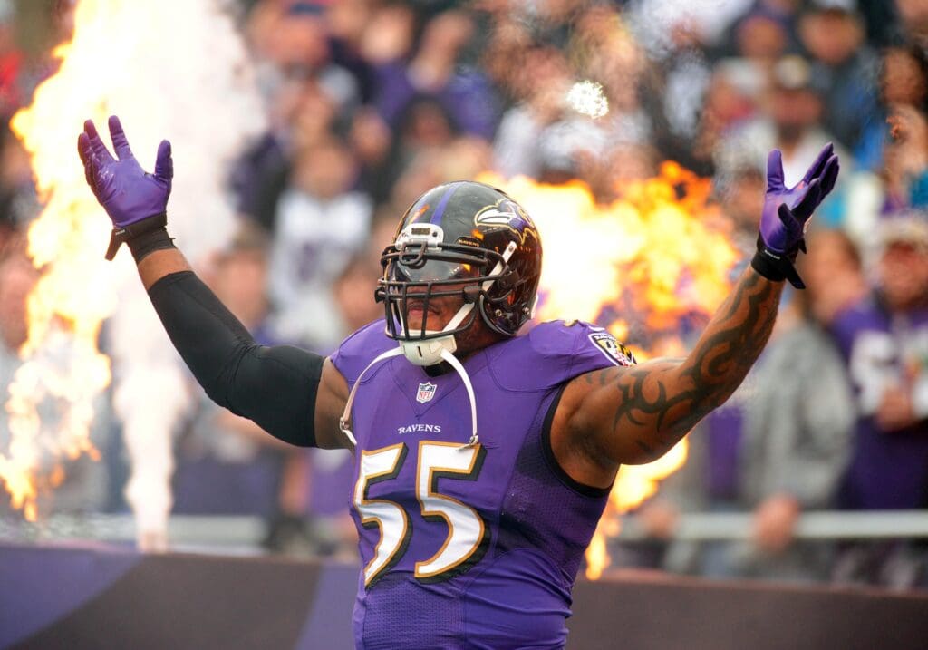 Dec 28, 2014; Baltimore, MD, USA; Baltimore Ravens linebacker Terrell Suggs (55) gets introduced prior to the game against the Cleveland Browns at M&T Bank Stadium.