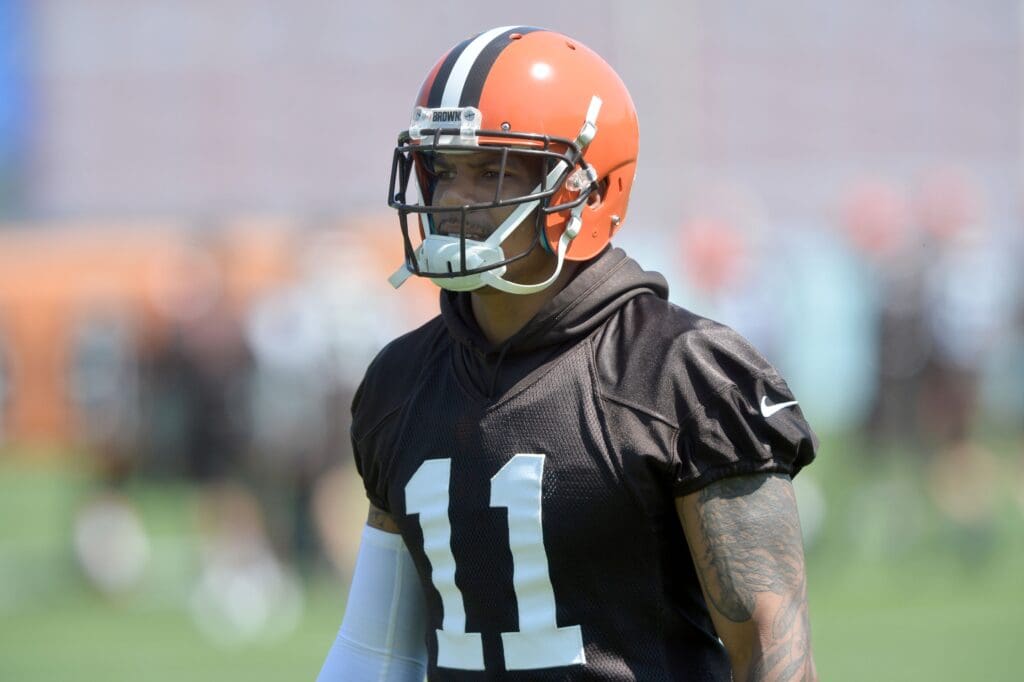 May 18, 2016; Berea, OH, USA; Cleveland Browns wide receiver Terrelle Pryor (11) during official training activities at the Cleveland Browns training facility.