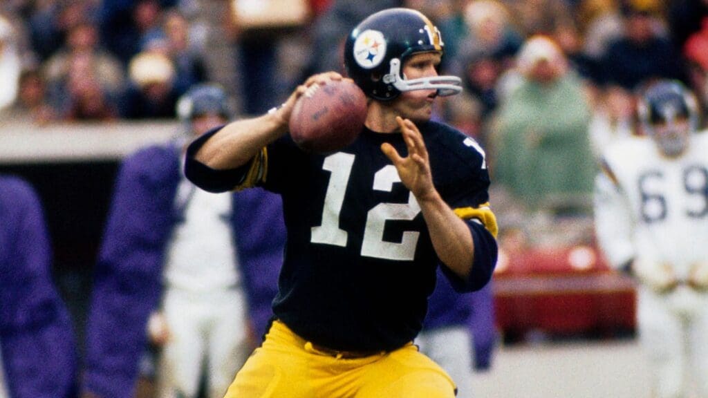 Nov 26, 1972; Pittsburgh, PA, USA; FILE PHOTO; Pittsburgh Steelers quarterback Terry Bradshaw (12) in action against the Minnesota Vikings at Three Rivers Stadium