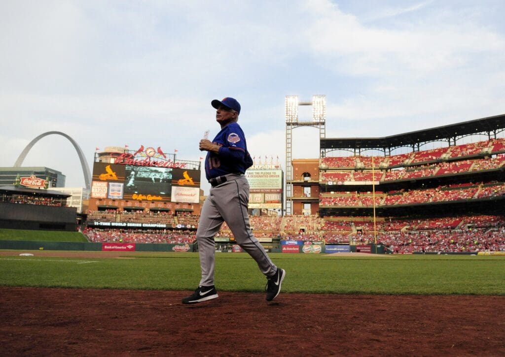 May 15, 2013; St. Louis, MO, USA; New York Mets manager Terry Collins (10) runs off the field before a game against the New York Mets at Busch Stadium. St. Louis defeated New York 4-2.
