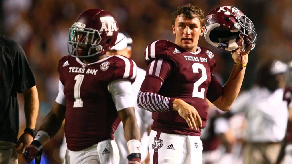 Sep 21, 2013; College Station, TX, USA; Texas A&M Aggies quarterback Johnny Manziel (2) against the SMU Mustangs in the second half at Kyle Field.