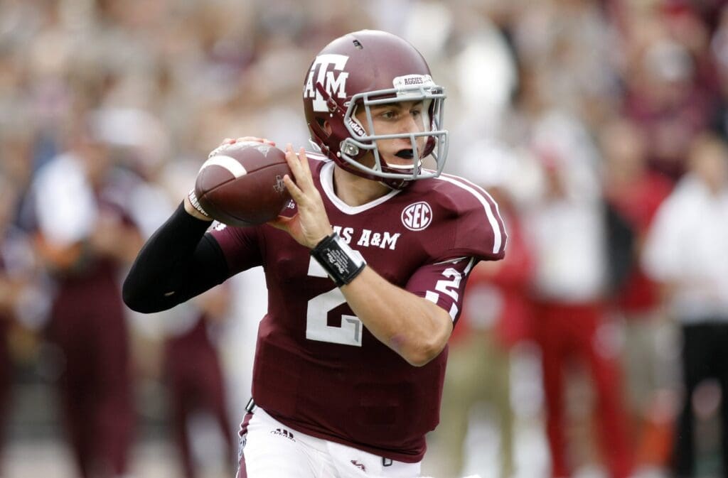 Sep 29, 2012; College Station, TX, USA; Texas A&M Aggies quarterback Johnny Manziel (2) throws a pass against the Arkansas Razorbacks in the first quarter at Kyle Field.