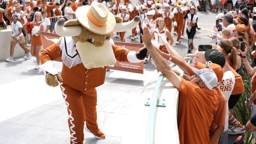 Texas Longhorns mascot greets fans during the Bevo parade before the game against Texas-San Antonio at Darrell K Royal-Texas Memorial Stadium