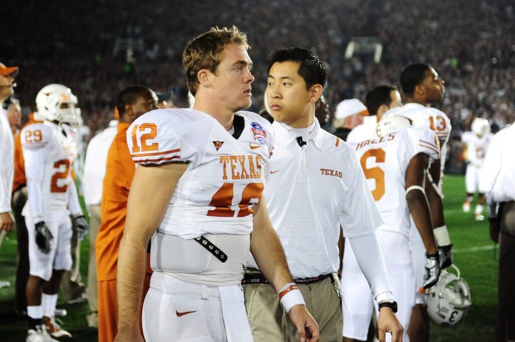 Jan 7, 2010; Pasadena, CA, USA; Texas Longhorns quarterback Colt McCoy (12) walks on the sideline during the third quarter of the 2010 BCS national championship game against the Alabama Crimson Tide at the Rose Bowl.