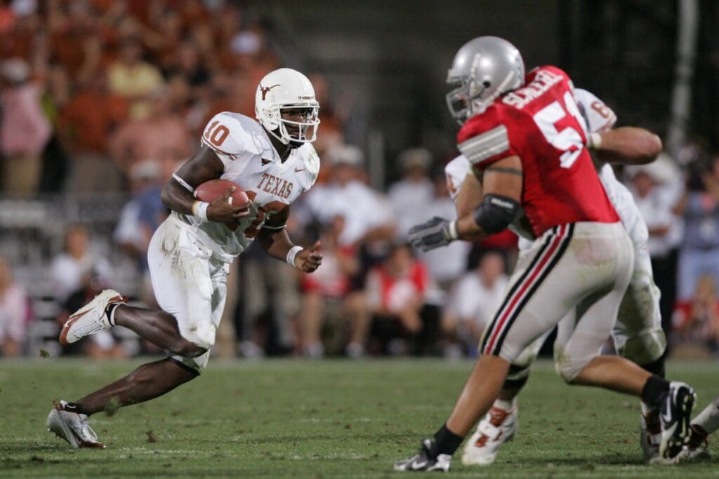 Sep 10, 2005; Columbus, OH, USA; Texas Longhorns quarterback Vince Young (10) in action against the Ohio State Buckeyes at Ohio Stadium. Longhorns beat the Buckeyes 25-22.