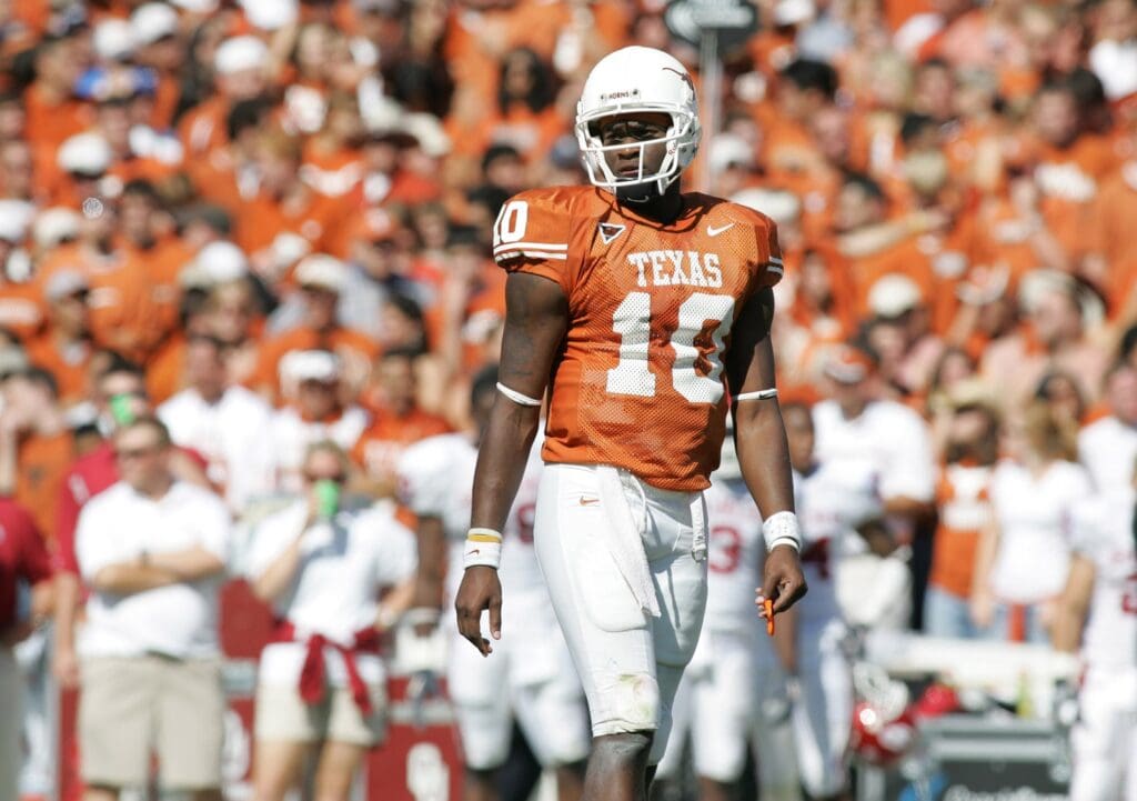 Oct 8,2005; Dallas, TX, USA; Texas Longhorns quarterback Vince Young #10 against the Oklahoma Sooners during the 2nd half during the Red River Shootout at the Cotton Bowl in Dallas Texas.