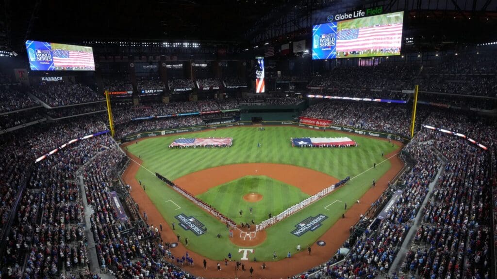A general view during the playing of the national anthem before game one of the 2023 World Series between the Texas Rangers and the Arizona Diamondbacks at Globe Life Field in Arlington, Texas, on Oct. 27, 2023.