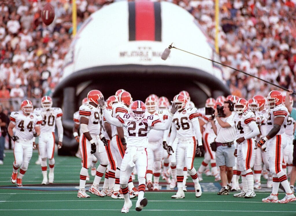 The Cleveland Browns are introduced before defeating the Dallas Cowboys 20-17 in the Pro Football Hall of Fame Game, Monday, Aug. 9, 1999.