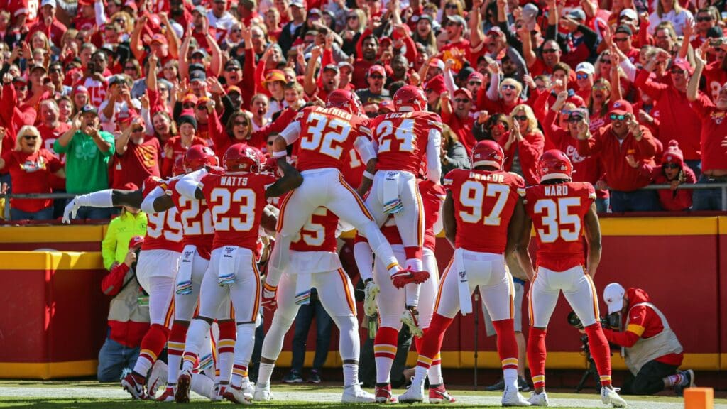 Oct 13, 2019; Kansas City, MO, USA; The Kansas City Chiefs defense celebrates after recovering a fumble against the Houston Texans during the first half at Arrowhead Stadium.