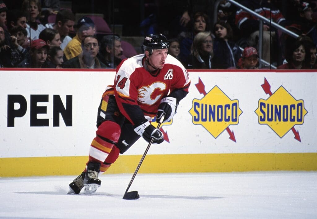 Dec 18, 1998; East Rutherford, NJ, USA; FILE PHOTO; Calgary Flames right wing Theoren Fleury (14) in action against the New Jersey Devils at Continental Airlines Arena.