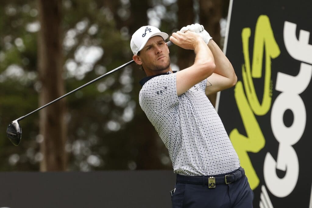 Thomas Pieters of team 4Aces GC hits a tee shot on the second hole during the second round of the LIV Golf Virginia golf tournament at Robert Trent Jones Golf Club.