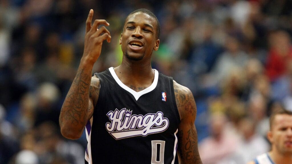 Nov 2, 2012; Minneapolis, MN, USA; Sacramento Kings forward Thomas Robinson (0) reacts to a call during the second quarter against the Minnesota Timberwolves at the Target Center. The Timberwolves defeated the Kings 92-80.