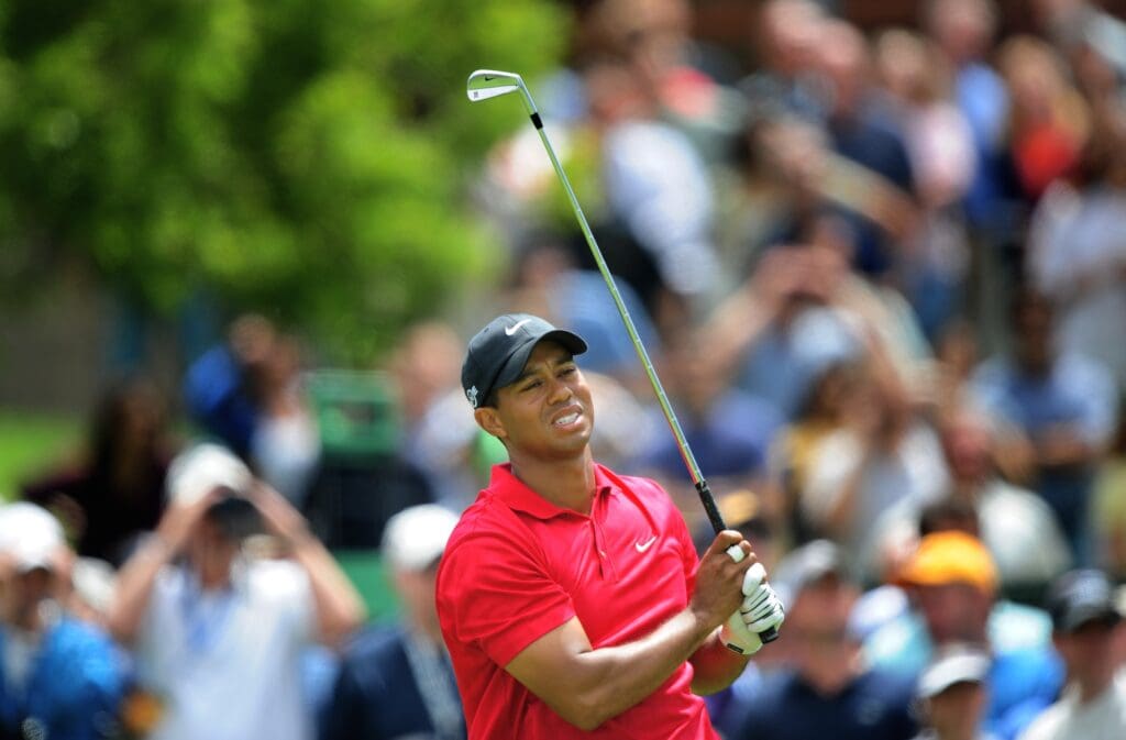 June 16, 2008; San Diego, CA, USA; Tiger Woods on the 11th hole during the playoff round against Rocco Mediate (not pictured) in the 2008 US Open Championship at Torrey Pines.