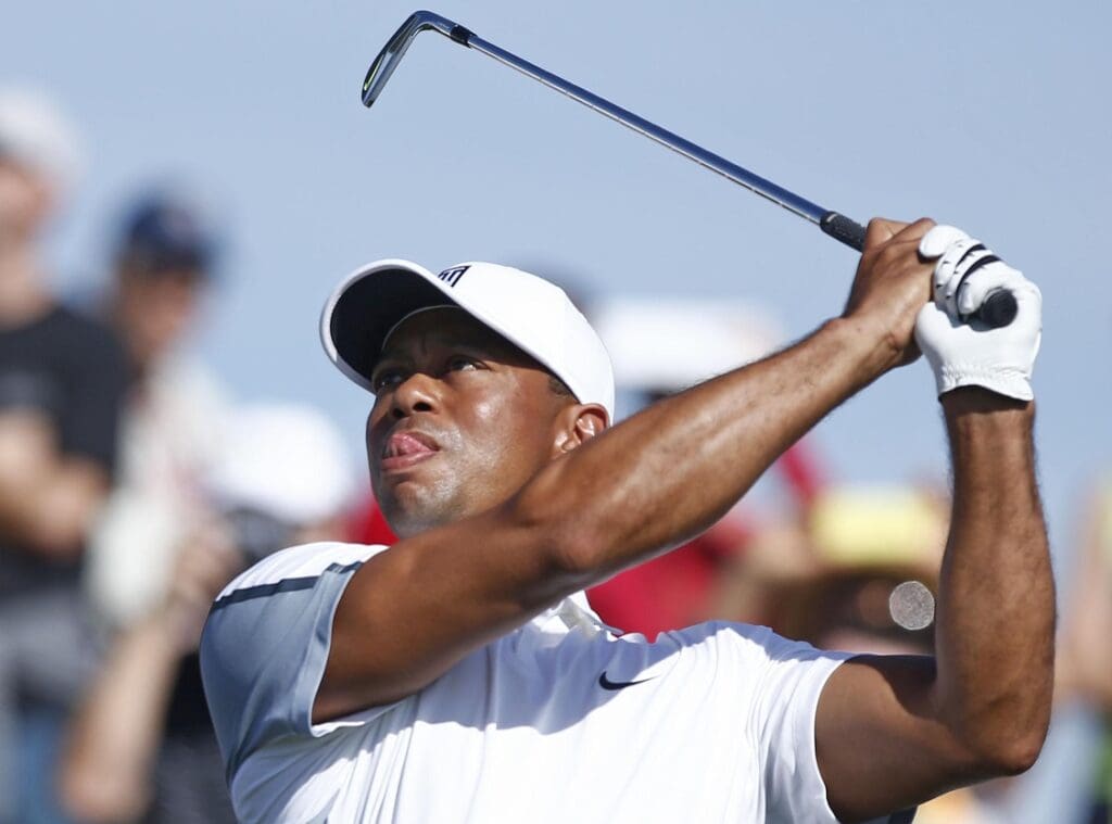 Jan 28, 2015; Scottsdale, AZ, USA; Tiger Woods plays the par-3 12th hole at the Annexus Pro-Am at the Waste Management Phoenix Open at TPC Scottsdale.