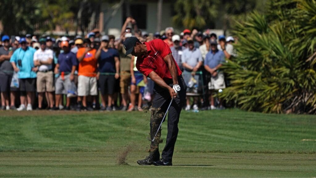 Feb 25, 2018; Palm Beach Gardens, FL, USA; Tiger Woods plays from the fairway of the 3rd during the final round of The Honda Classic golf tournament at PGA National (Champion).