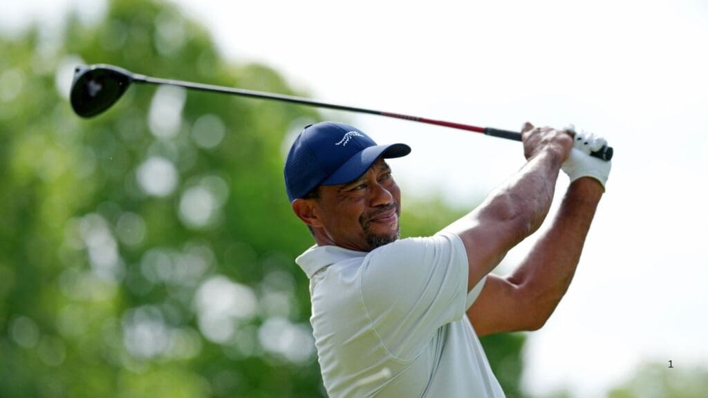 May 13, 2024; Louisville, Kentucky, USA; Tiger Woods tees off on the 17th hole during a practice round for the PGA Championship golf tournament at Valhalla Golf Club.