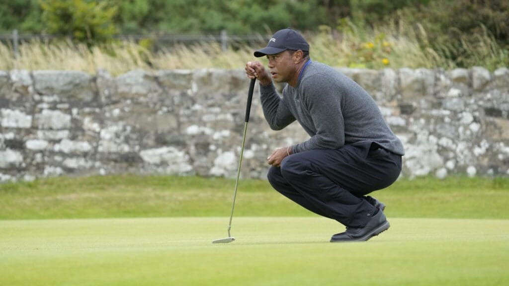 Jul 18, 2024; Ayrshire, SCT; Tiger Woods on the 11th green during the first round of the Open Championship golf tournament at Royal Troon.