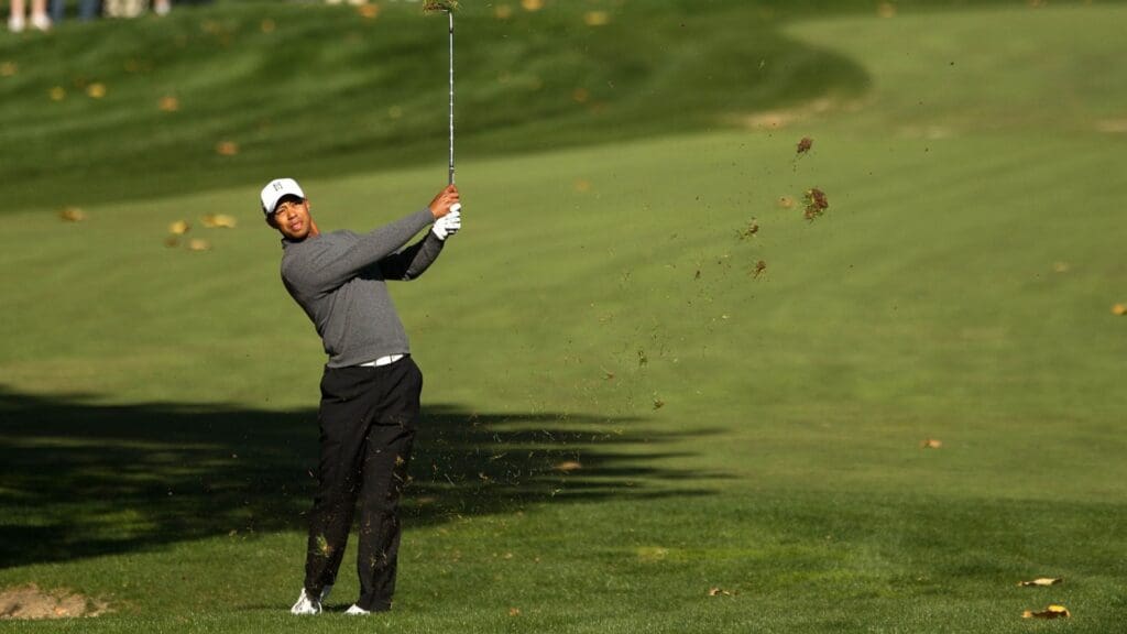 Dec 3, 2011; Thousand Oaks, CA, USA; Tiger Woods plays from the fairway of the fifth during the third round of the Chevron World Challenge at Sherwood Country Club.