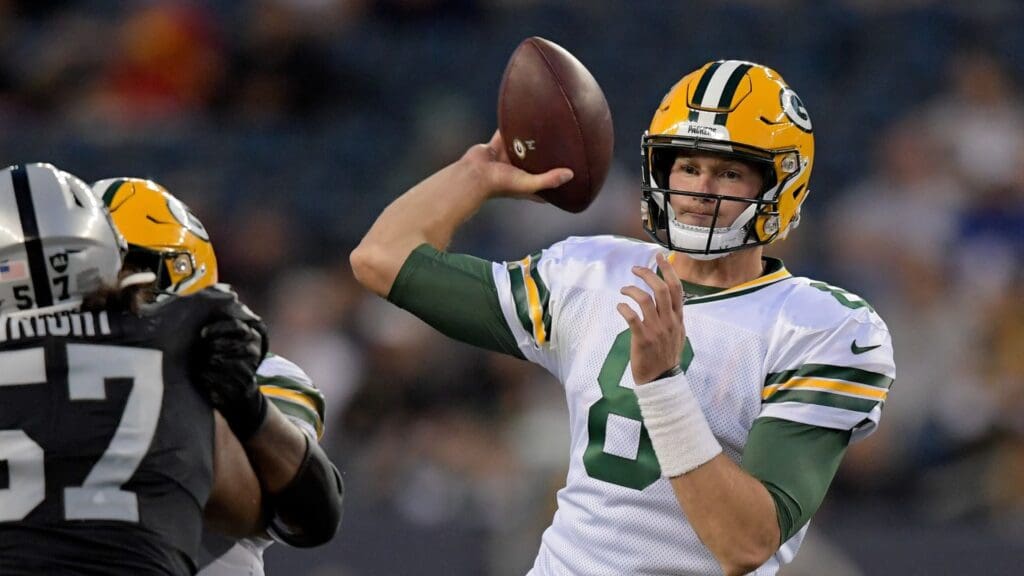 Aug 22, 2019; Winnipeg, Manitoba, CAN; Green Bay Packers quarterback Tim Boyle (8) throws a pass against the Oakland Raiders during the second half at Investors Group Field.