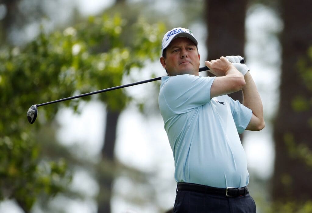 Apr 11, 2014; Augusta, GA, USA; Tim Clark hits his tee shot on the 4th hole during the second round of the 2014 The Masters golf tournament at Augusta National Golf Club.