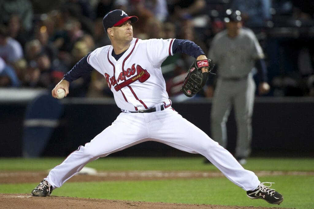 May 4, 2011; Atlanta, GA, USA; Atlanta Braves starting pitcher Tim Hudson (15) delivers a pitch against the Milwaukee Brewers in the fifth inning of game two of a doubleheader at Turner Field.