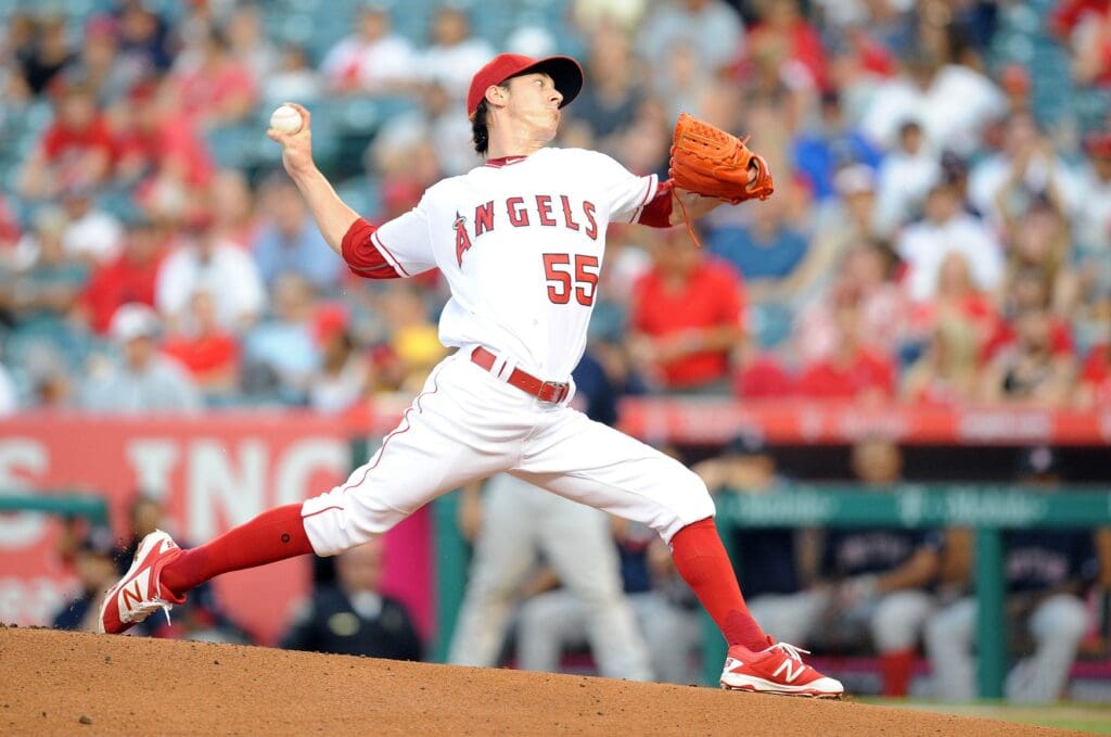 July 29, 2016; Anaheim, CA, USA; Los Angeles Angels starting pitcher Tim Lincecum (55) throws in the first inning against Boston Red Sox at Angel Stadium of Anaheim.