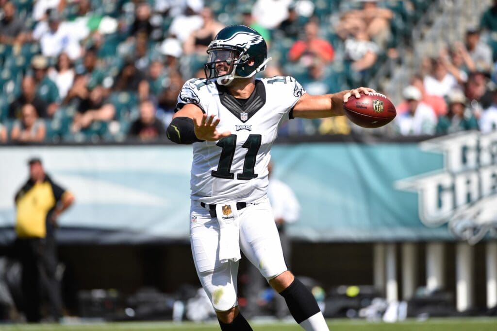 Aug 16, 2015; Philadelphia, PA, USA; Philadelphia Eagles quarterback Tim Tebow (11) throws the ball during a preseason NFL football game against the Indianapolis Colts at Lincoln Financial Field.