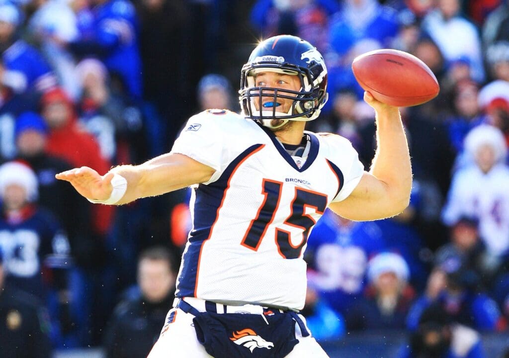 Dec 24, 2011; Orchard Park, NY, USA; Denver Broncos quarterback Tim Tebow (15) during play against the Buffalo Bills at Ralph Wilson Stadium.