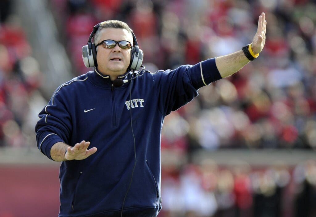 November 12, 2011; Louisville, KY, USA; Pittsburgh Panthers head coach Todd Graham calls a play during the second half of play against the Louisville Cardinals at Papa Johns Cardinal Stadium. Pittsburgh defeated Louisville 21-14