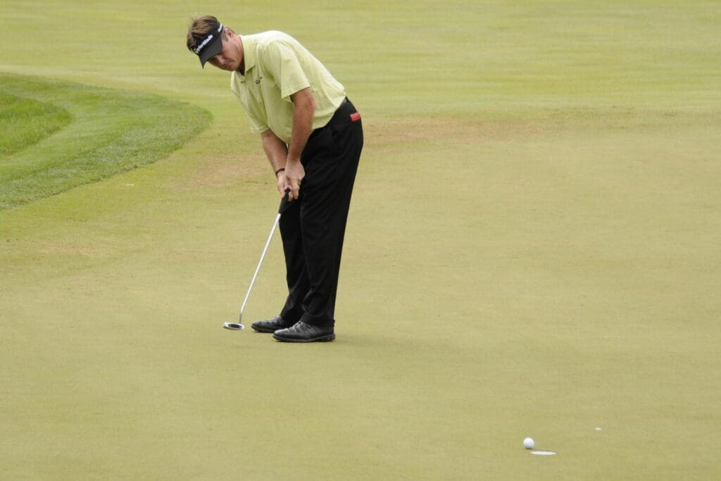June 17, 2011; Bethesda, MD, USA; Todd Hamilton sinks a putt on the 1st hole during the second round of the 2011 U.S. Open at Congressional Country Club