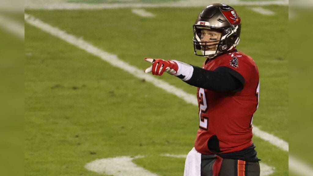 Jan 9, 2021; Landover, Maryland, USA; Tampa Bay Buccaneers quarterback Tom Brady (12) gestures against the Washington Football Team at FedExField.