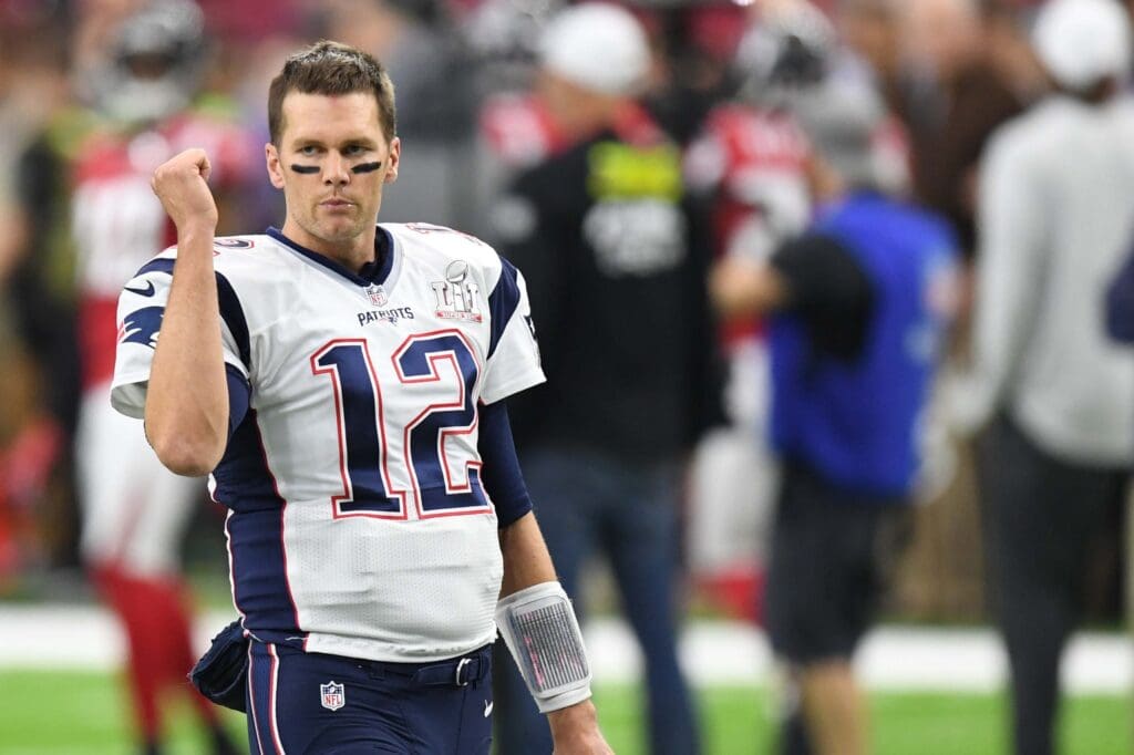 Feb 5, 2017; Houston, TX, USA; New England Patriots quarterback Tom Brady (12) reacts on the field before Super Bowl LI against the Atlanta Falcons at NRG Stadium.