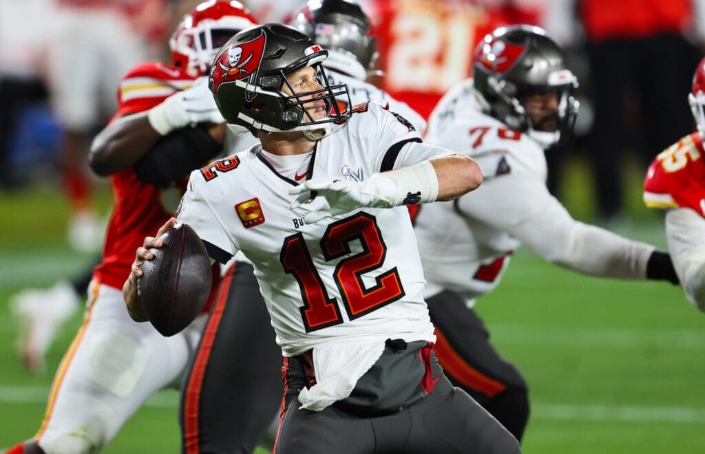 Feb 7, 2021; Tampa, FL, USA; Tampa Bay Buccaneers quarterback Tom Brady (12) throws in the pocket against the Kansas City Chiefs in Super Bowl LV at Raymond James Stadium