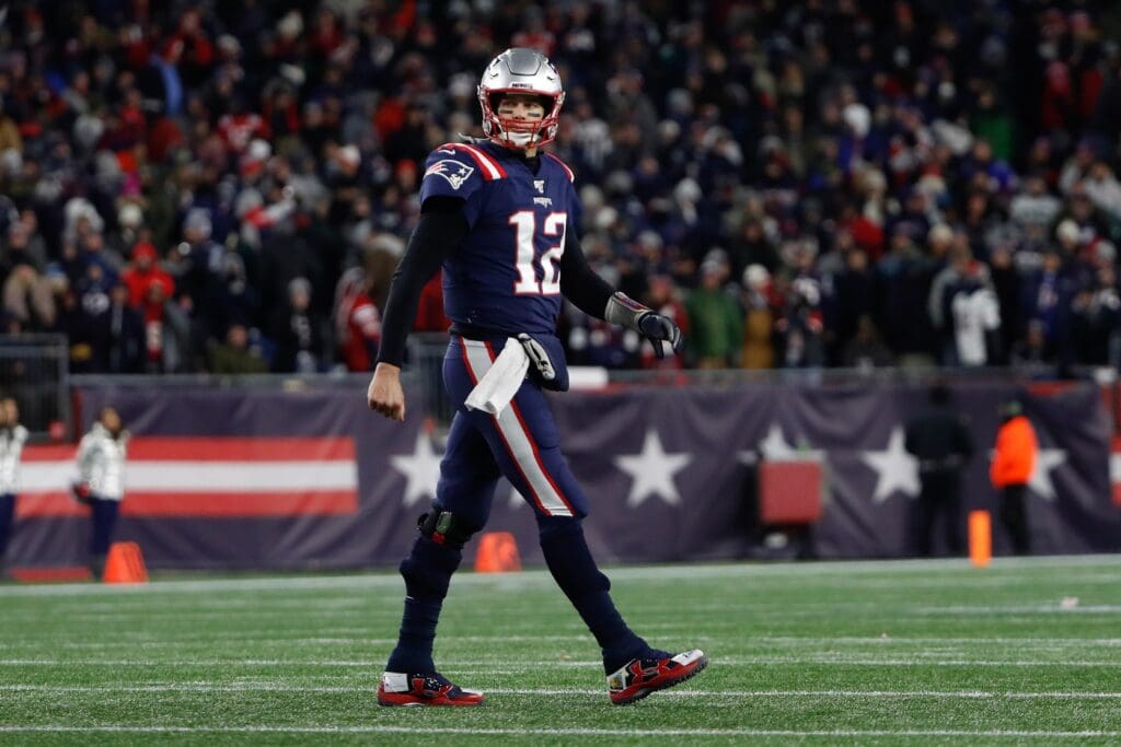 Dec 8, 2019; Foxborough, MA, USA; New England Patriots quarterback Tom Brady (12) leaves the field during the fourth quarter against the Kansas City Chiefs at Gillette Stadium.