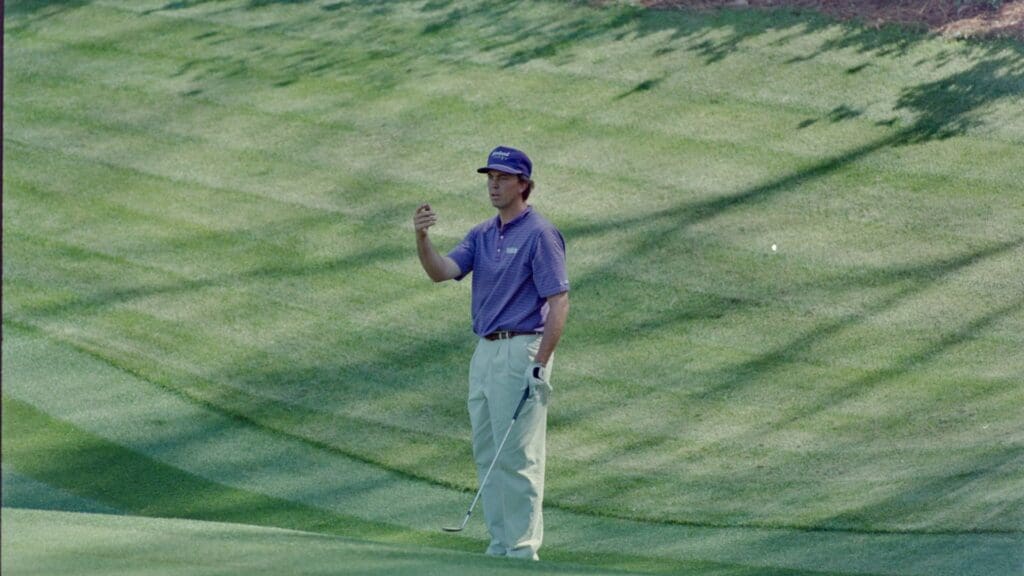 04/11/1993; Augusta, Georgia, USA; Tom Lehman reacts to putt at the Augusta National Golf Course during the 1993 Masters.