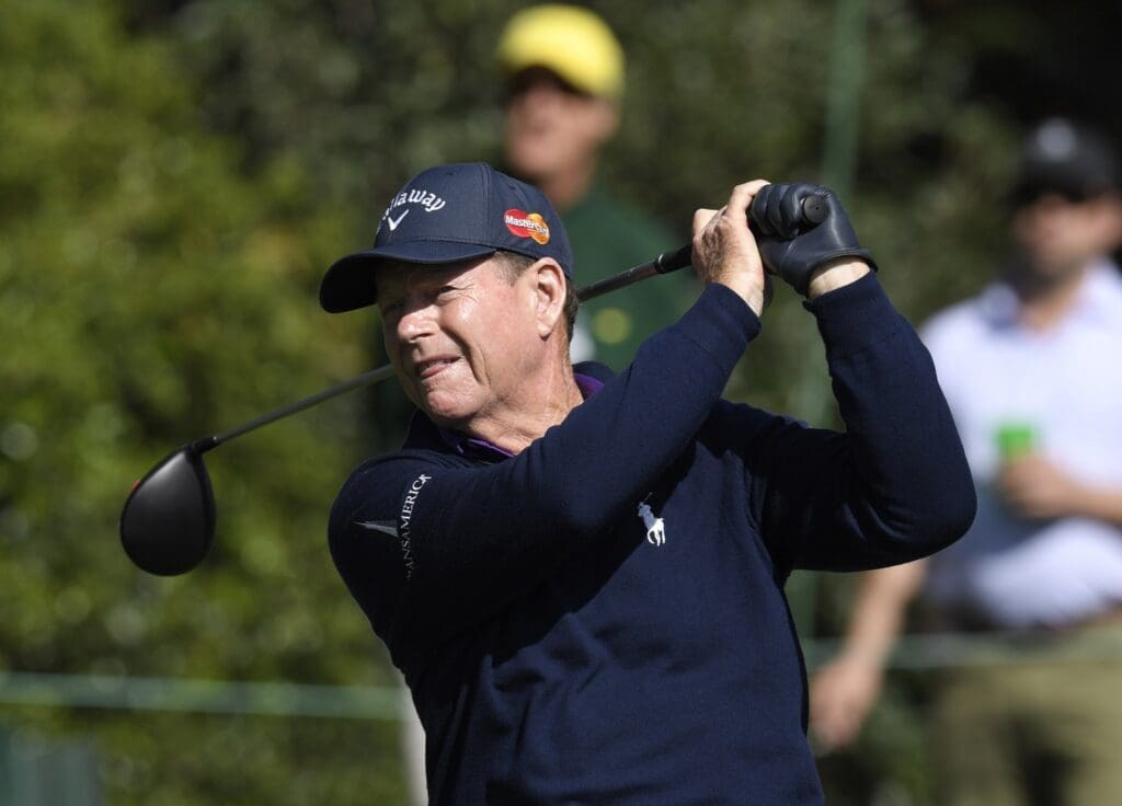 Apr 8, 2016; Augusta, GA, USA; Tom Watson hits a tee shot during the second round of the 2016 The Masters golf tournament at Augusta National Golf Club.