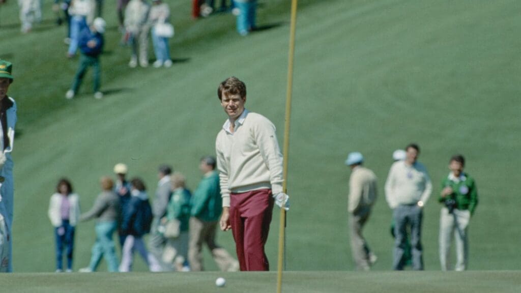 04/09/1985; Augusta, Georgia, USA; Tom Watson watches ball after chip at the Augusta National Golf Course during the 1985 Masters.