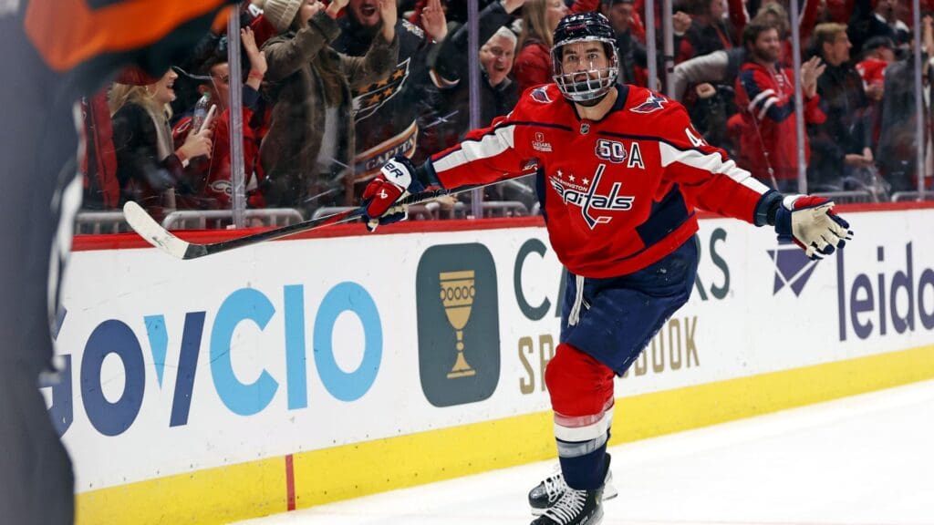 Jan 2, 2025; Washington, District of Columbia, USA; Washington Capitals right wing Tom Wilson (43) reacts a goal is called back against the Minnesota Wild at Capital One Arena.