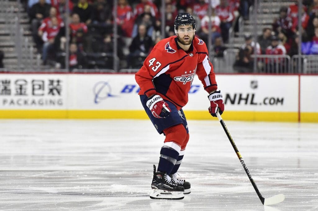 Feb 1, 2019; Washington, DC, USA; Washington Capitals right wing Tom Wilson (43) watches the puck against the Calgary Flames during the third period at Capital One Arena.