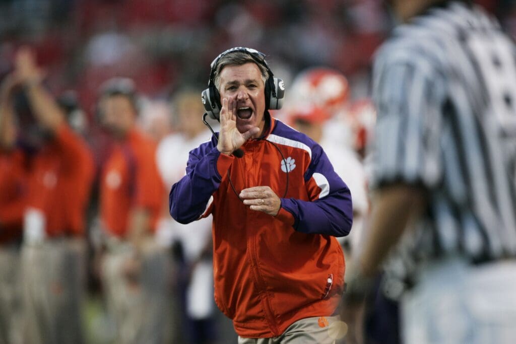 Oct 27, 2007; College Park, MD, USA; Clemson Tigers head coach Tommy Bowden yells at the referee in the third quarter against the Maryland Terrapins at Chevy Chase Bank Field at Byrd Stadium. Clemson defeated Maryland 30-17.