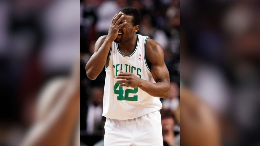 Dec 18, 2009; Boston, MA, USA; Boston Celtics guard Tony Allen (42) reacts after getting hit in the face as they take on the Philadelphia 76ers during the second quarter at the TD Banknorth Garden. Philadelphia defeated Boston 98-97.