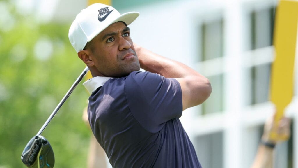 Jun 12, 2025; Oakmont, Pennsylvania, USA; Tony Finau plays his shot from the first tee during the first round of the U.S. Open golf tournament.