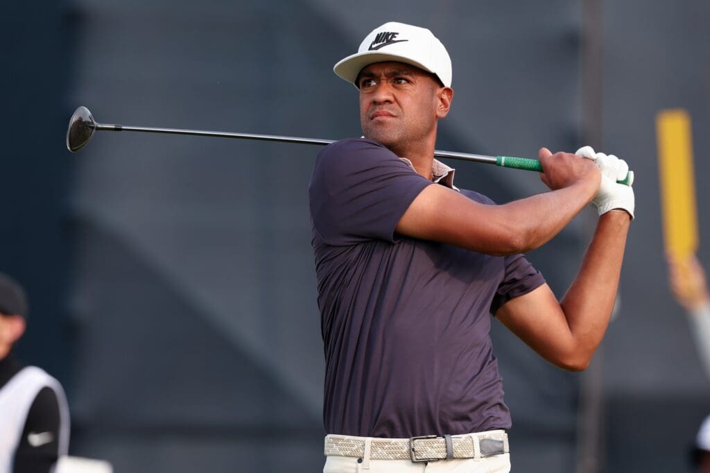 Jun 12, 2025; Oakmont, Pennsylvania, USA; Tony Finau plays his shot from the 15th tee during the first round of the U.S. Open golf tournament.