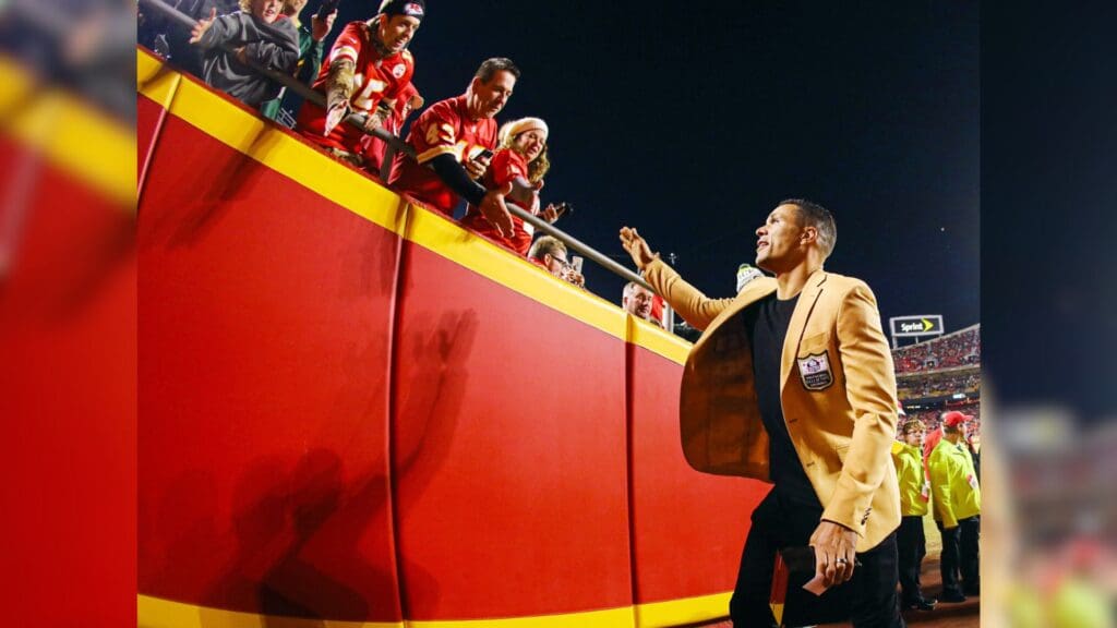 Oct 27, 2019; Kansas City, MO, USA; Former Kansas City Chiefs tight end Tony Gonzalez greets fans before the second half against the Green Bay Packers at Arrowhead Stadium.