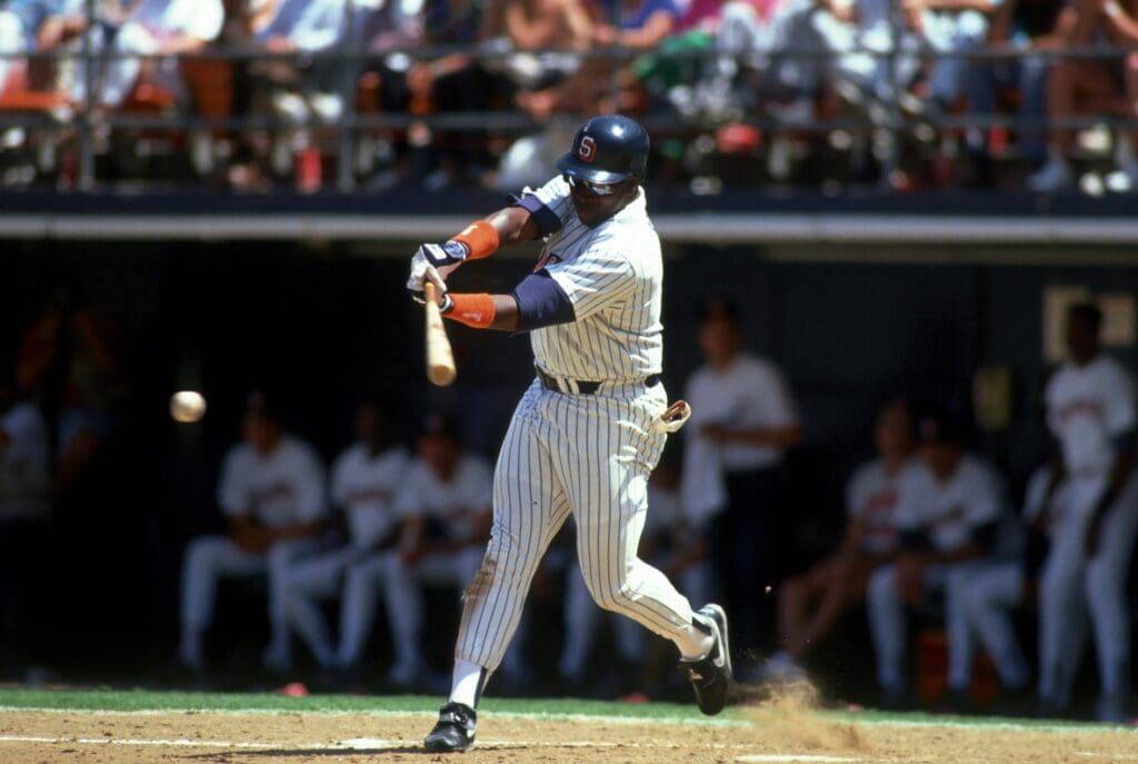 Jun 15, 1991; San Diego, CA, USA; Tony Gwynn of the San Diego Padres hitting against the Chicago Cubs at Jack Murphy Stadium.