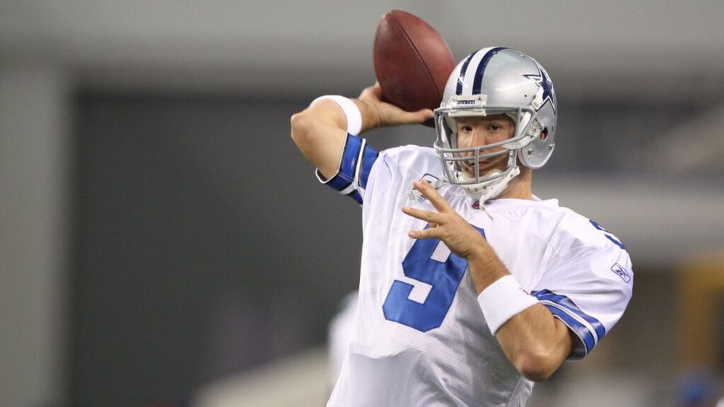 Dec 24, 2011; Dallas, TX, USA; Dallas Cowboys quarterback Tony Romo (9) throws prior to the game against the Philadelphia Eagles at Cowboys Stadium.