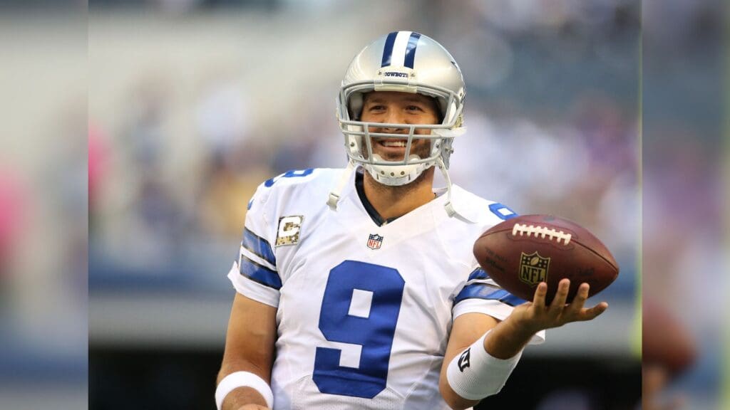 Nov 3, 2013; Arlington, TX, USA; Dallas Cowboys quarterback Tony Romo (9) smiles prior to the game against the Minnesota Vikings at AT&T Stadium.